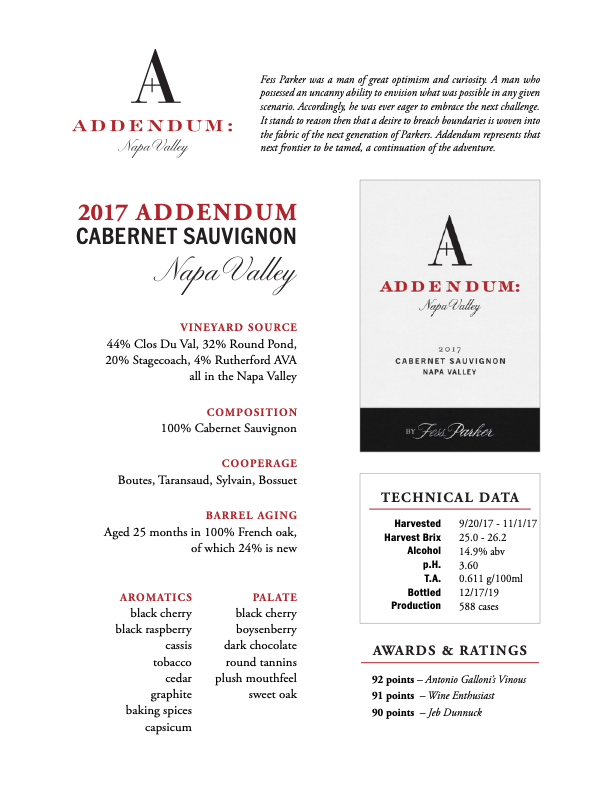 Product Sheet for Napa Valley Cabernet Sauvignon