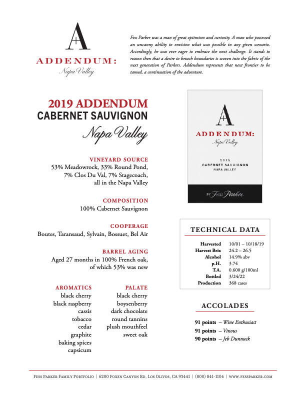 Product Sheet for Napa Valley Cabernet Sauvignon