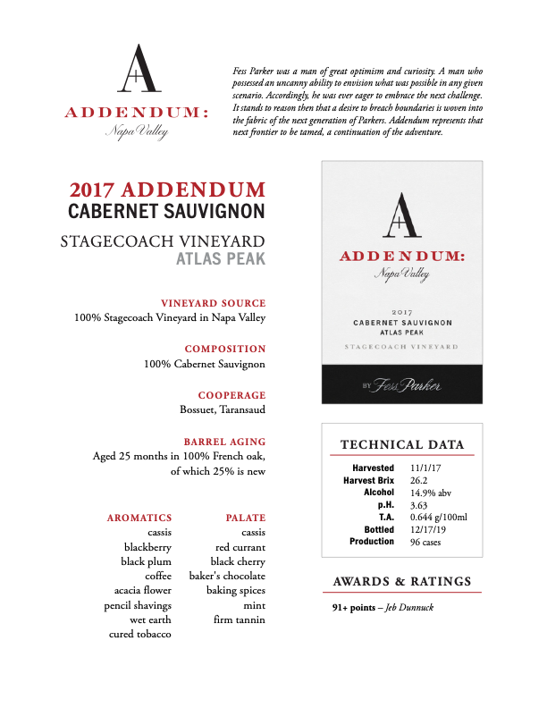 Product Sheet for Stagecoach Vineyard Cabernet Sauvignon