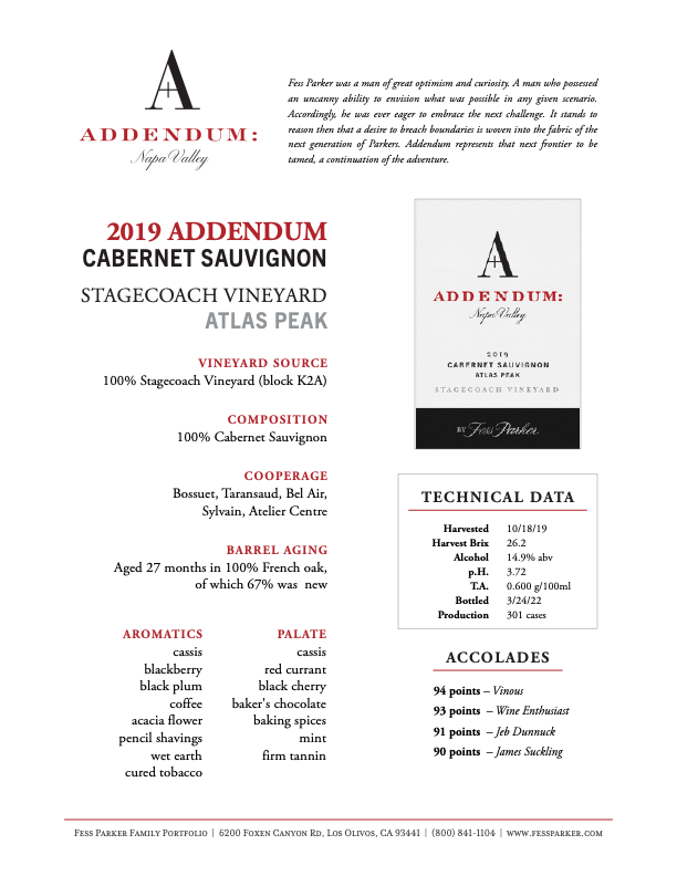 Product Sheet for Stagecoach Vineyard Cabernet Sauvignon