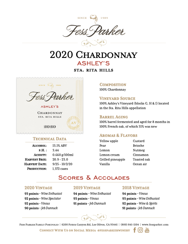 Product Sheet for Ashley's Chardonnay