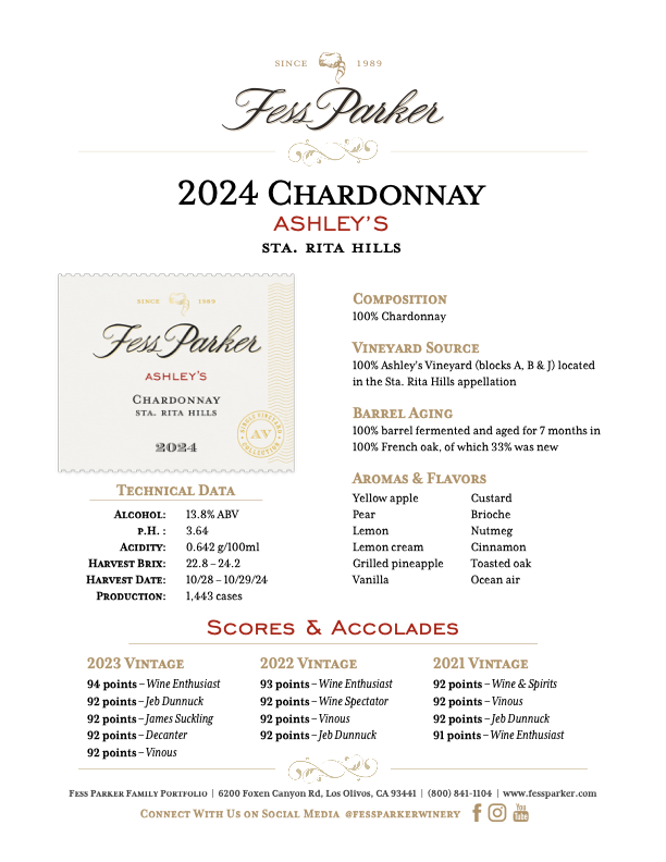 Product Sheet for Ashley's Chardonnay