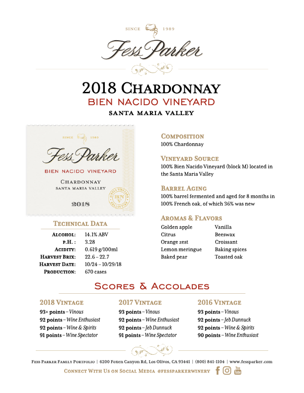 Product Sheet for Bien Nacido Vineyard Chardonnay