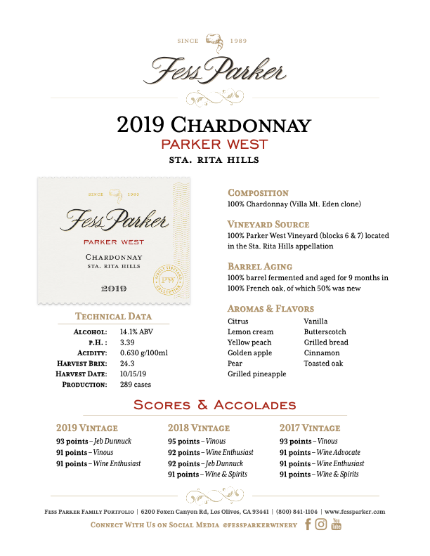 Product Sheet for Parker West Chardonnay
