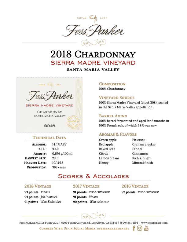 Product Sheet for Sierra Madre Vineyard Chardonnay