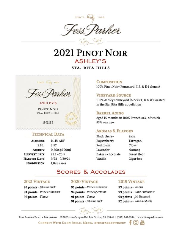 Product Sheet for Ashley's Pinot Noir