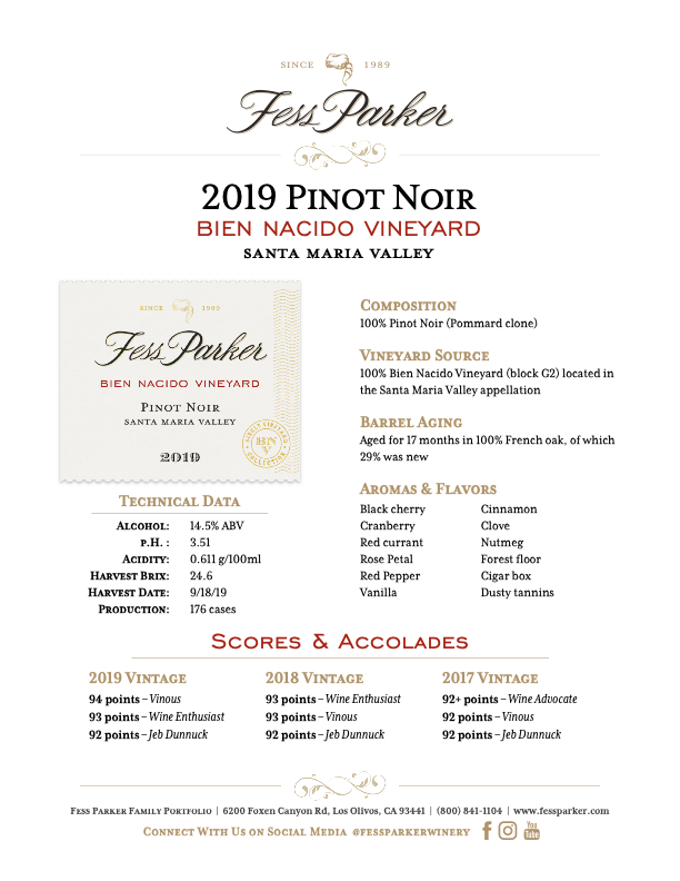 Product Sheet for Bien Nacido Vineyard Pinot Noir