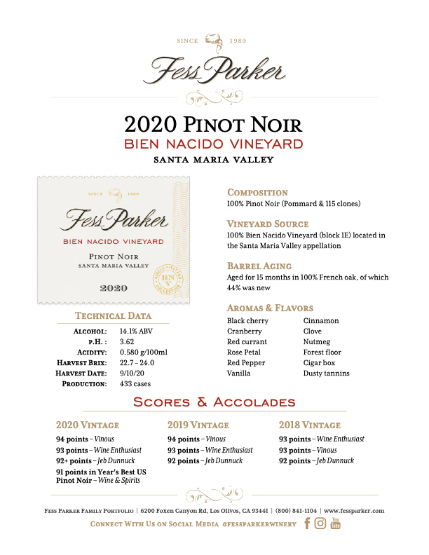 Product Sheet for Bien Nacido Vineyard Pinot Noir