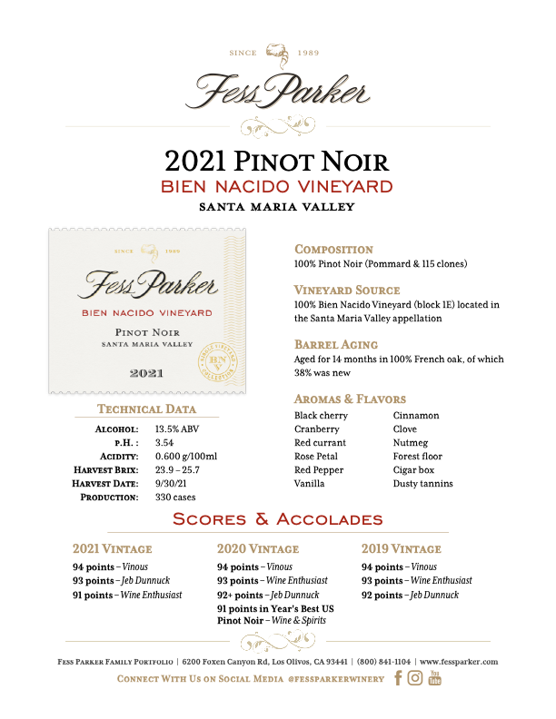 Product Sheet for Bien Nacido Vineyard Pinot Noir