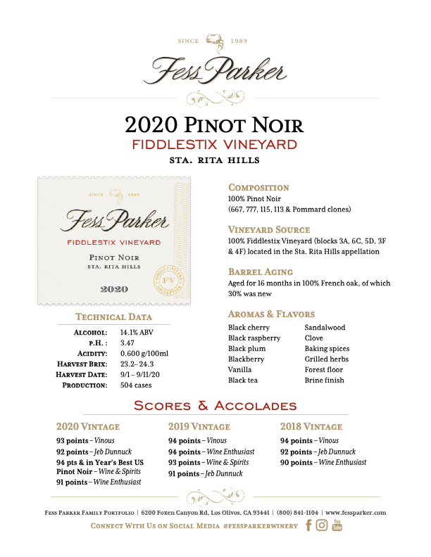 Product Sheet for Fiddlestix Vineyard Pinot Noir