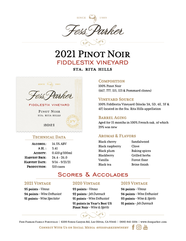 Product Sheet for Fiddlestix Vineyard Pinot Noir
