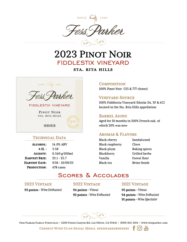 Product Sheet for Fiddlestix Vineyard Pinot Noir