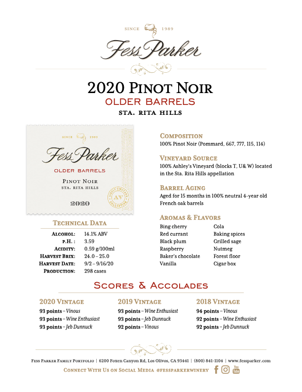 Product Sheet for Older Barrels Pinot Noir