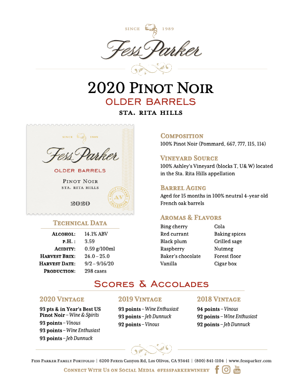 Product Sheet for Older Barrels Pinot Noir