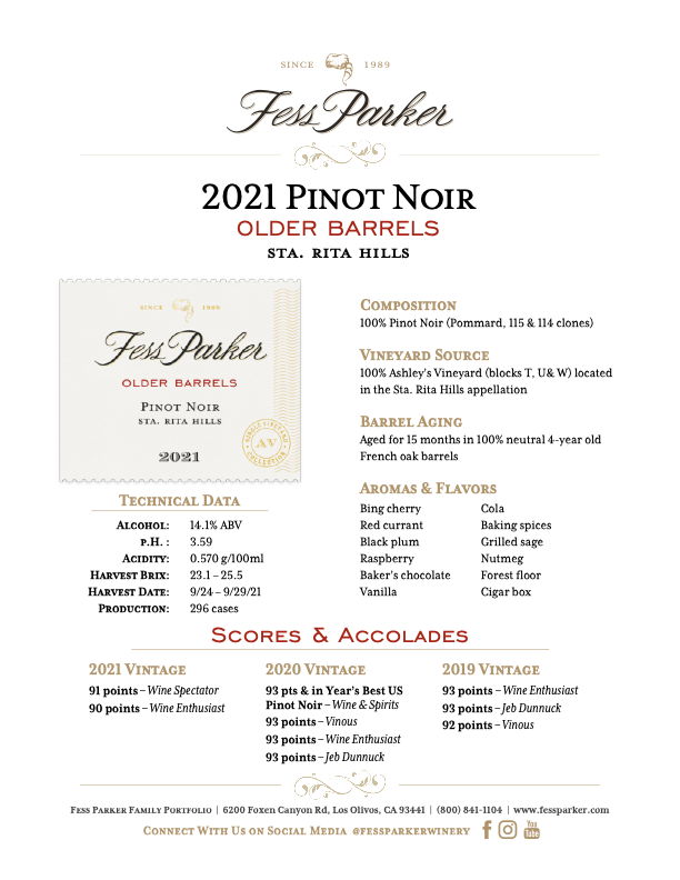 Product Sheet for Older Barrels Pinot Noir