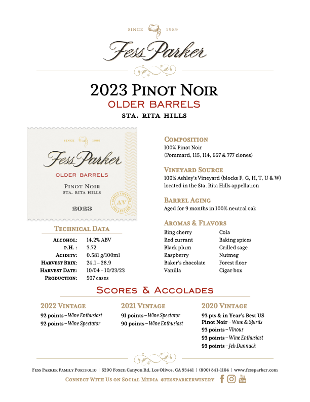 Product Sheet for Older Barrels Pinot Noir