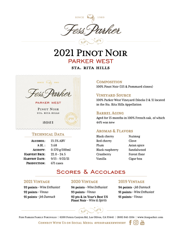 Product Sheet for Parker West Pinot Noir