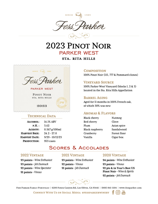 Product Sheet for Parker West Pinot Noir