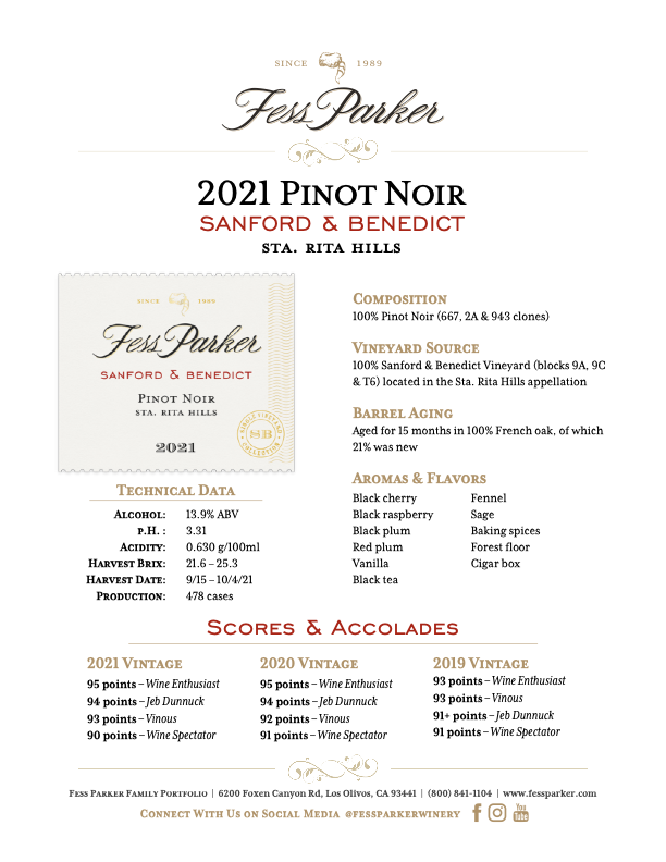 Product Sheet for Sanford & Benedict Vineyard Pinot Noir