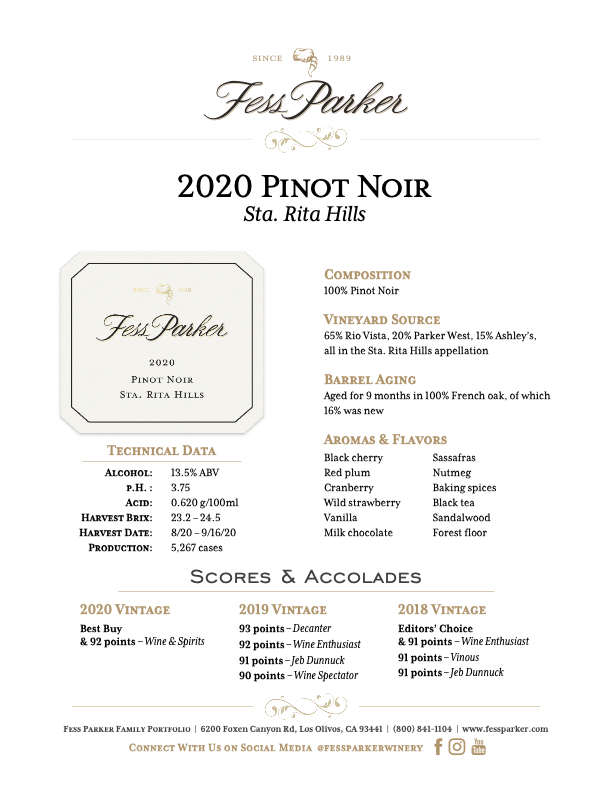 Product Sheet for Sta. Rita Hills Pinot Noir