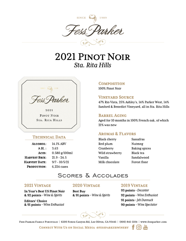 Product Sheet for Sta. Rita Hills Pinot Noir