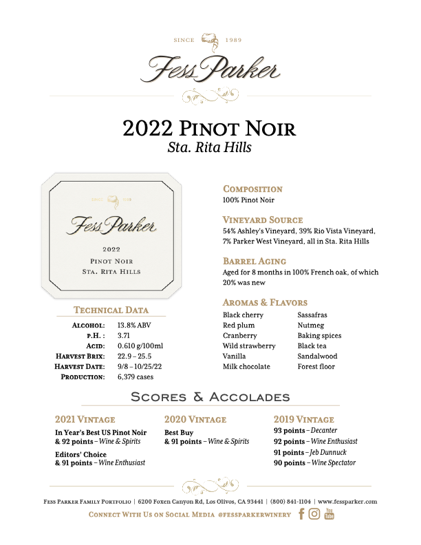 Product Sheet for Sta. Rita Hills Pinot Noir