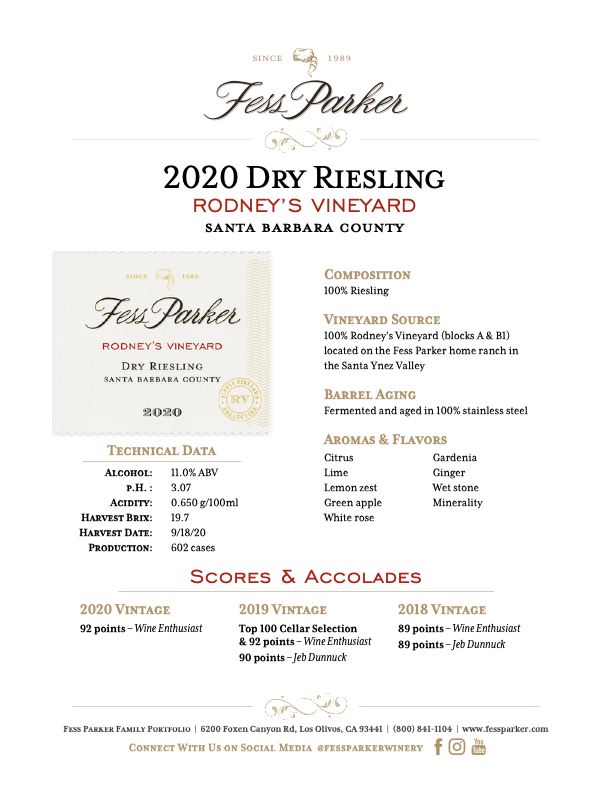 Product Sheet for Rodney's Vineyard Dry Riesling