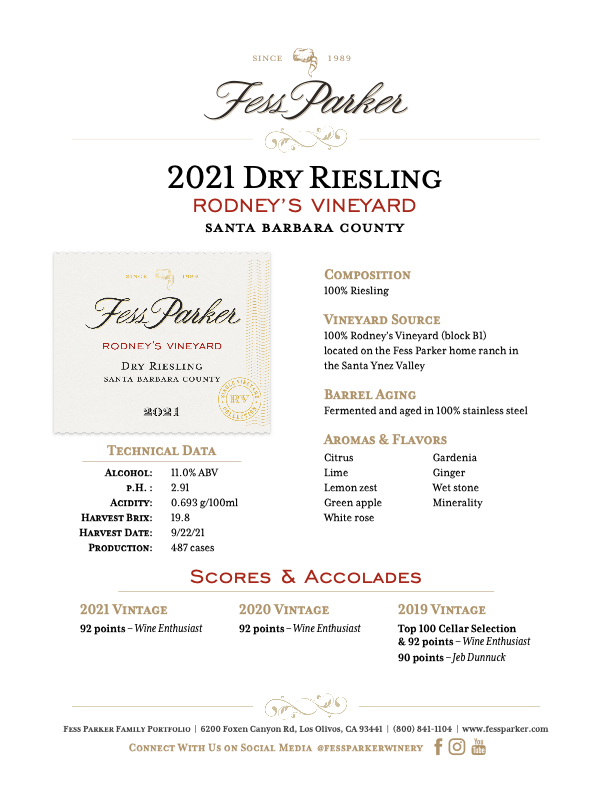 Product Sheet for Rodney's Vineyard Dry Riesling