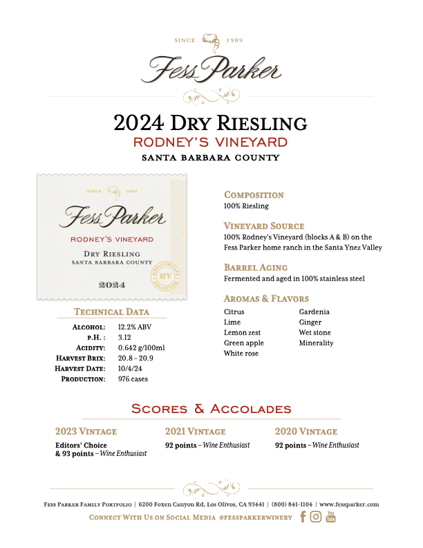 Product Sheet for Rodney's Vineyard Dry Riesling