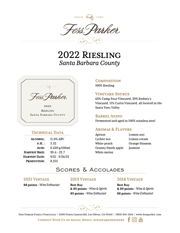 Product Sheet for Santa Barbara County Riesling