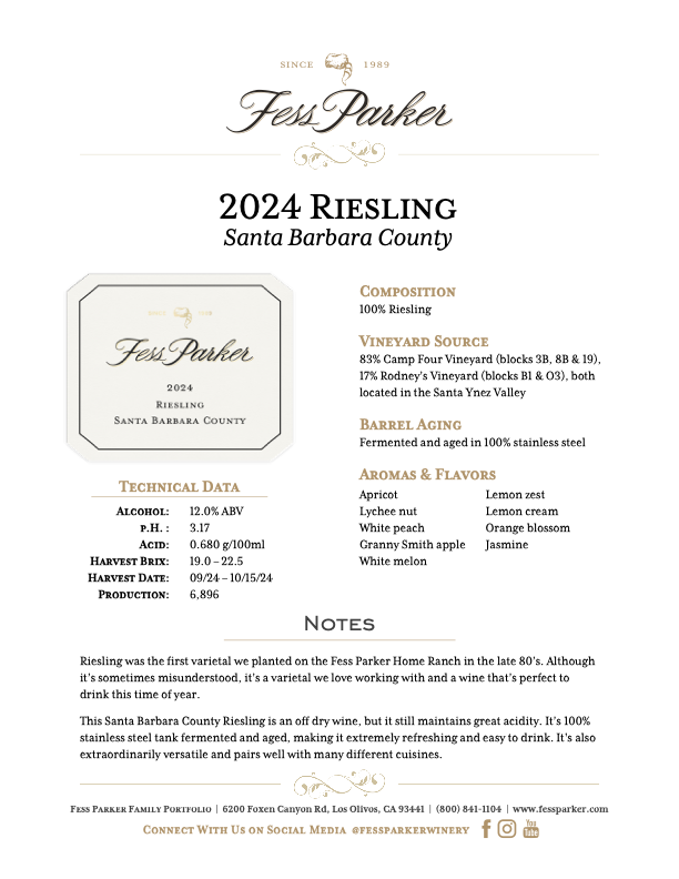 Product Sheet for Santa Barbara County Riesling