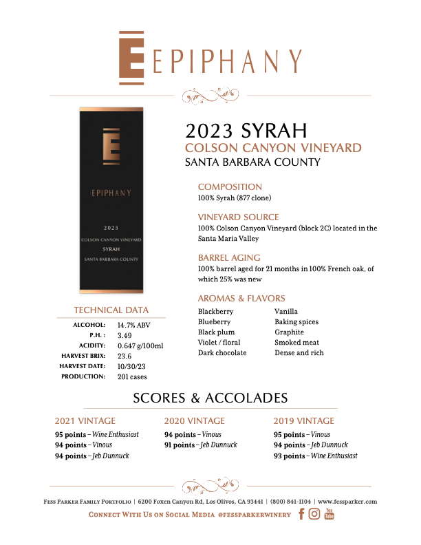 Product Sheet for Colson Canyon Vineyard Syrah