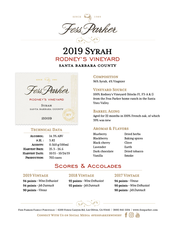 Product Sheet for Rodney's Vineyard Syrah