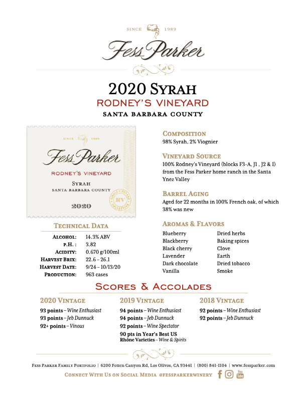 Product Sheet for Rodney's Vineyard Syrah