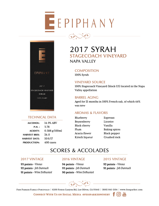 Product Sheet for Stagecoach Vineyard Syrah
