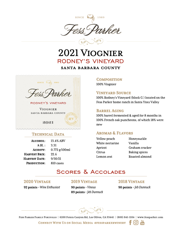 Product Sheet for Rodney's Vineyard Viognier
