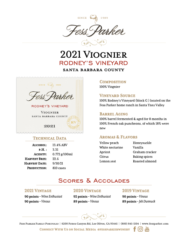 Product Sheet for Rodney's Vineyard Viognier